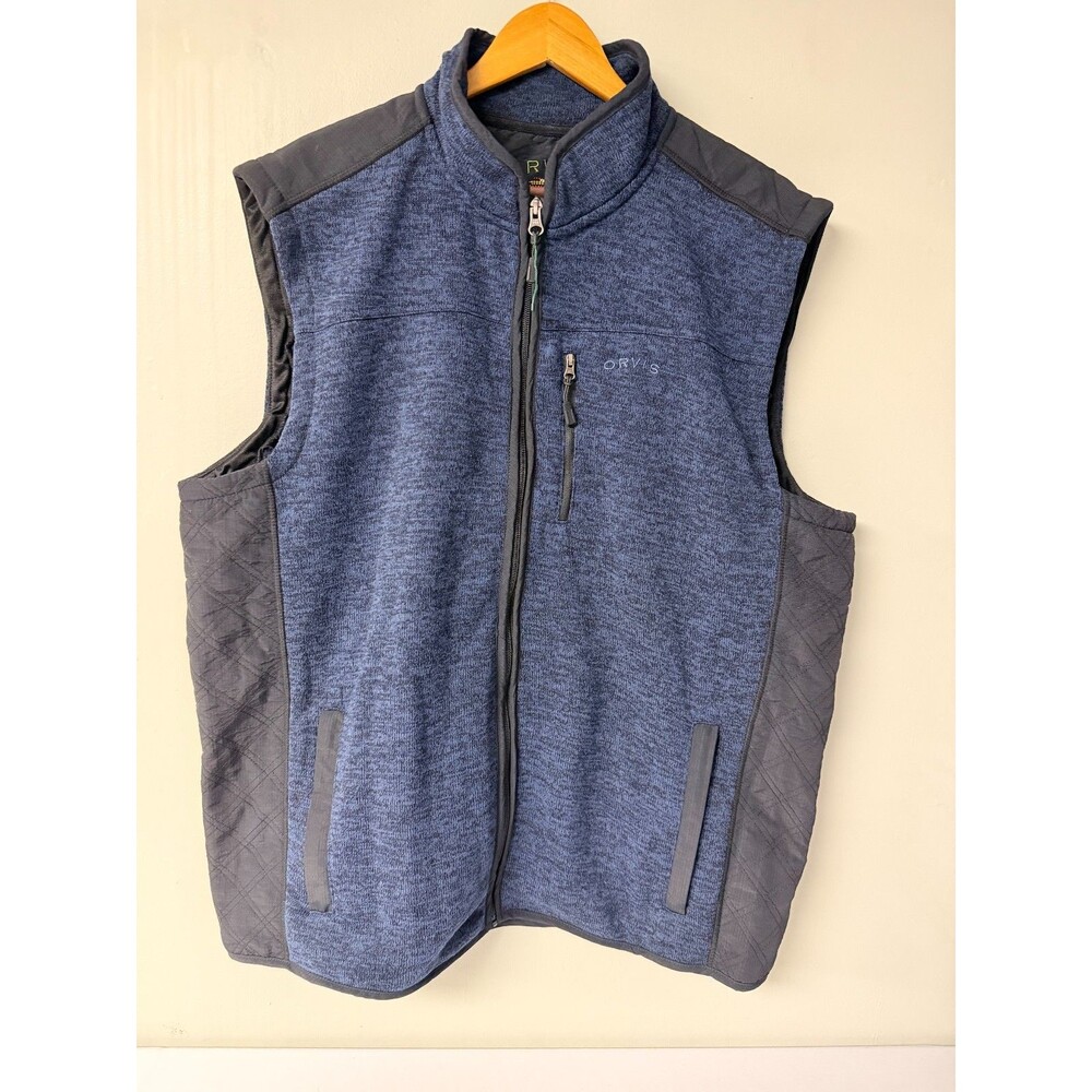 Orvis Mens XXL Sweater Fleece Vest Blue Full Zip Black Quilted Panels 1131493
